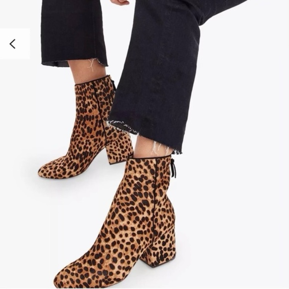 J. Crew Maya Booties Leopard Animal Print Calfhair Fur 7.5 Block Heel Chic Glam